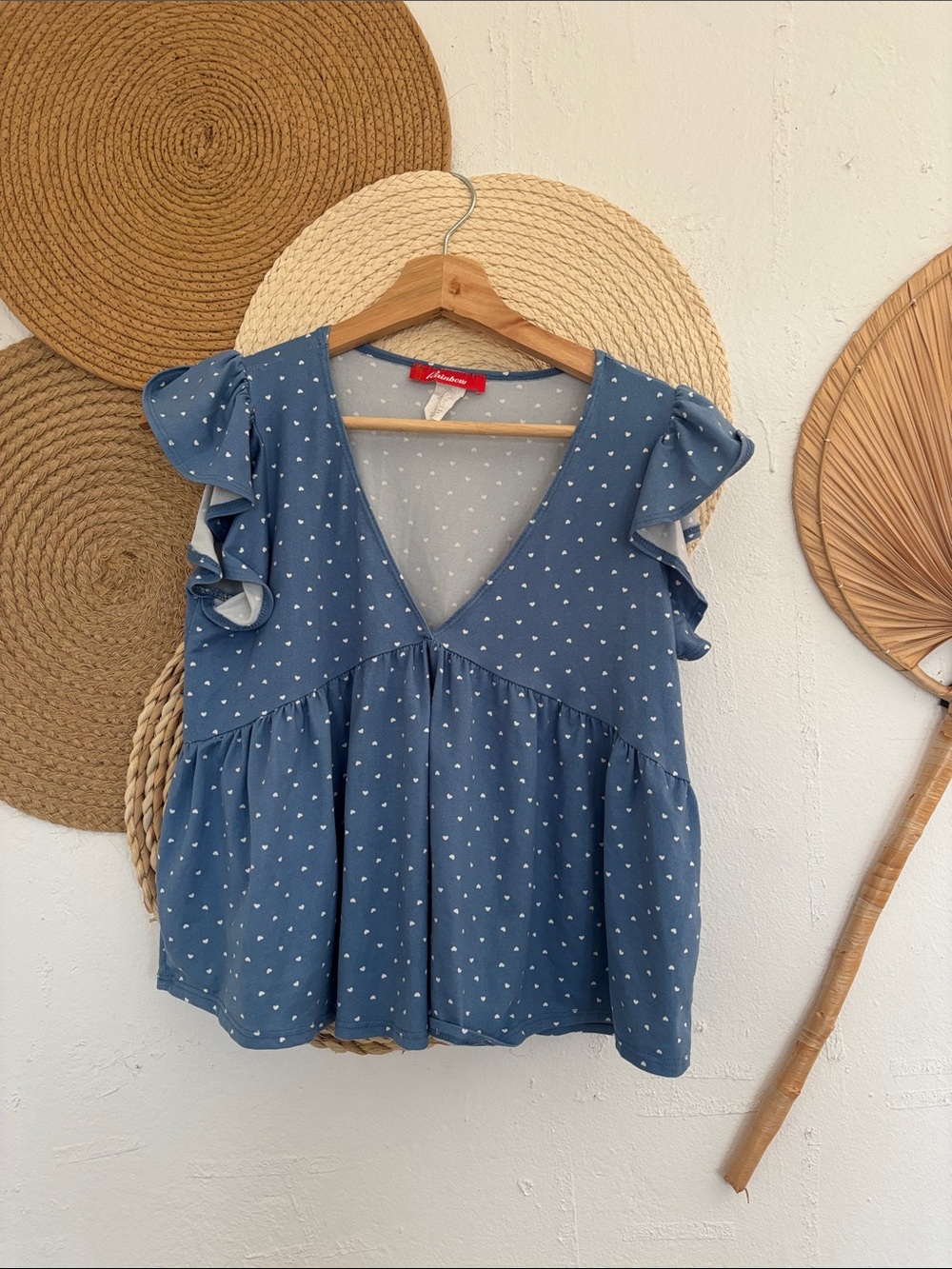 Rainbow Blue Polka Dot V-Neck Flutter Sleeve Blouse